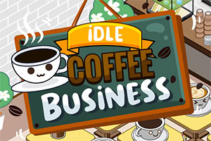 A colorful café sign features a cheerful coffee cup illustration, surrounded by coffee beans and decorative elements, with the words Idle Coffee Business prominently displayed in playful fonts