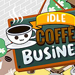 A colorful café sign features a cheerful coffee cup illustration, surrounded by coffee beans and decorative elements, with the words Idle Coffee Business prominently displayed in playful fonts