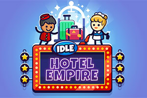 A colorful game logo featuring a bellhop and a maid, surrounded by luggage, with the title Idle Hotel Empire prominently displayed