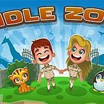 A colorful cartoon illustration depicting two cheerful children in safari outfits, holding hands, alongside a tiger cub and a penguin, with a zoo entrance in the background and IDLE ZOO prominently displayed at the top