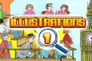 Colorful cartoon collage of people with a large Illustrations 1 title and magnifying glass over a numbered circle