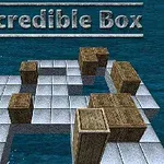 A 3D puzzle scene titled Incredible Box, featuring a series of wooden crates arranged on a tiled platform over water, creating a challenging layout for players to navigate