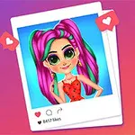 A colorful digital illustration of a girl with vibrant pink and green hair, wearing a red polka dot outfit, framed in a social media-like photo layout showing 8,417 likes