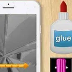 The image features a smartphone displaying a 3D perspective graphic, alongside a bottle of glue labeled glue and a pink object, set against a wood-textured background