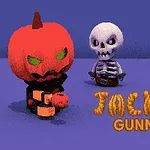 A colorful cartoon-style image featuring a pumpkin-headed character and a skeleton, both standing together against a purple background with the text Jack-o Gunner prominently displayed in a playful font