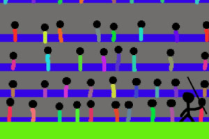 A colorful depiction of stick figures on multiple horizontal rows, with one figure holding a sword on the right side of the image