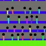 A colorful depiction of stick figures on multiple horizontal rows, with one figure holding a sword on the right side of the image