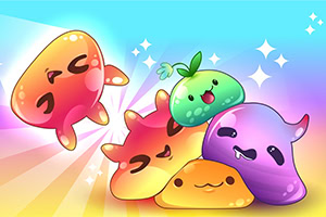 A colorful assortment of cute, cartoonish slime creatures, featuring various expressions and vibrant hues, with a sparkling background