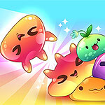 A colorful assortment of cute, cartoonish slime creatures, featuring various expressions and vibrant hues, with a sparkling background