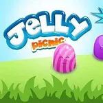 A colorful and playful game title screen featuring cheerful jelly characters in a grassy field, highlighting Jelly Picnic with a trophy icon and a score of +500