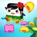 A cute, cartoonish penguin character dressed in a hula outfit, surrounded by colorful candy shapes on a bright blue background with tropical plants