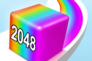 A colorful, glossy pink cube featuring the number 2048 prominently displayed, set against a light blue background with a rainbow trail curving behind it
