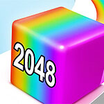 A colorful, glossy pink cube featuring the number 2048 prominently displayed, set against a light blue background with a rainbow trail curving behind it