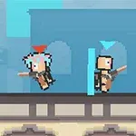 Two pixelated characters, one with blue hair and a red arrow above their head and the other with a neutral appearance, are engaged in a platforming battle atop a building in a colorful, stylized environment