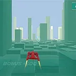 A red futuristic spaceship navigates through a geometric landscape of green buildings, with a light blue sky in the background, showcasing a minimalist, digital gaming style