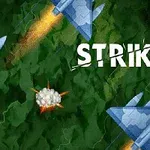 The image features blue fighter jets in mid-air, with explosions below them, against a green camouflaged background, and includes the bold word STRIKE prominently displayed