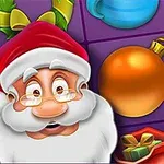 A cheerful cartoon Santa Claus with glasses, wearing a red hat, surrounded by colorful Christmas decorations like ornaments, bells, and stockings on a purple background