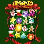 A colorful Christmas-themed slot game screen featuring symbols like snowmen, ornaments, stars, gingerbread men, and gift boxes, with the title Jewel Christmas at the top against a green background