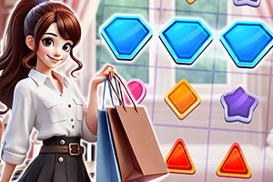 A smiling woman in stylish attire holds shopping bags in front of a colorful grid displaying various geometric shapes