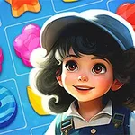 A cheerful girl with curly hair, wearing a hat and smiling, is positioned next to a colorful grid of candy-shaped icons, including stars, flowers, and donuts, set against a vibrant blue background