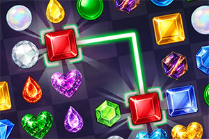 Colorful sparkling gemstones on a dark background with two red square jewels connected by a neon green line