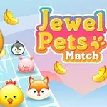 A vibrant game interface featuring cheerful cartoon animals, including a yellow chicken, penguin, pig, fox, and sheep, along with various colorful tiles against a light blue background, titled Jewel Pets Match