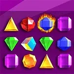 A vibrant array of colorful gemstones in various shapes, including triangles, squares, and diamonds, set against a purple background, some with a fiery effect