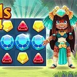 The image features a colorful game interface for Jewels Blitz 4, showcasing a grid of various gems (including blue, yellow, and red jewels) and a character dressed in Aztec-inspired attire, set against a vibrant jungle backdrop