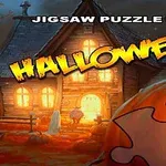 A spooky Halloween-themed jigsaw puzzle game image featuring a haunted house, pumpkins, and playful typography