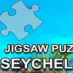 A vibrant turquoise ocean view with lush greenery and a puzzle piece overlay, accompanied by the text Jigsaw Puzzle Seychelles