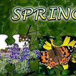 A vibrant collage featuring the word SPRING along with images of flowers, a butterfly, and a scenic landscape, all set against a backdrop of green leaves, symbolizing the beauty of the spring season