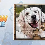 A jigsaw puzzle featuring a smiling dog with some pieces missing, set against a wooden background, with the text Jigsaw Puzzle prominently displayed