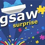 A colorful graphic featuring the text Jigsaw Surprise with puzzle pieces and bursts of color, conveying a fun and playful theme related to jigsaw puzzles