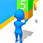 A blue cartoon character interacts with a large green block displaying the number 5 on a colorful path, highlighting a playful and animated game environment