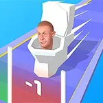 A cartoonish characters head rides on a toilet, navigating a colorful track marked with +2 and -1 points