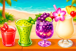 Colorful tropical cocktails on a beachside bar with fruit garnishes, flowers, and ocean in the background