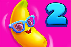 A cheerful cartoon banana wearing blue glasses, set against a bright pink background, with the number 2 prominently displayed in a bold, blue font
