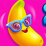A cheerful cartoon banana wearing blue glasses, set against a bright pink background, with the number 2 prominently displayed in a bold, blue font