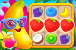 A cheerful cartoon banana wearing glasses holds a fruity drink next to a grid filled with various colorful fruits, including strawberries, grapes, a kiwi, and a coconut