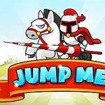 A cartoon knight in armor rides a white horse, holding a spear, with the vibrant text JUMP ME prominently displayed beneath them against a colorful, sunny background