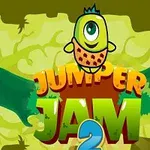 The image features a colorful cartoon character with one large eye, set against a vibrant green background, along with the text Jumper Jam 2 in bold, playful letters