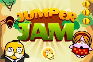 The image features the title screen of the mobile game Jumper Jam, showcasing colorful graphics with cartoon characters, including a yellow bird in glasses and a pink creature, set against a bright, tree-filled background