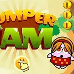 The image features the title screen of the mobile game Jumper Jam, showcasing colorful graphics with cartoon characters, including a yellow bird in glasses and a pink creature, set against a bright, tree-filled background