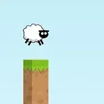 A cartoon sheep with sunglasses jumps over a grassy platform against a light blue sky with a few clouds