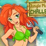 A cartoon woman with long red hair, wearing a green bikini, holds a wrench and stands in front of a sign that reads Jungle Plumber Challenge 2, featuring tropical elements in a vibrant, playful style