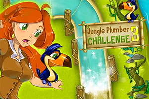 A woman with long red hair and green eyes interacts with a colorful toucan in a vibrant jungle setting, with a sign displaying Challenge 3 and a stream flowing through lush greenery