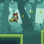 A pixel art character runs through a lush, green jungle environment, collecting golden coins while navigating platforms amidst stylized trees and foliage