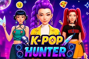 Three stylized K-pop girls in colorful outfits pose on a neon purple stage with bold K-POP HUNTER text, speakers, disco lights, and music-themed icons