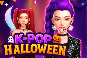Two stylized K-pop idols in Halloween-themed outfits with purple neon lighting, pumpkins, ghosts, and the text K-POP HALLOWEEN