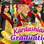 The image features four animated female characters in graduation gowns and caps, celebrating with colorful balloons and sashes, along with the text Kardashians Graduation prominently displayed